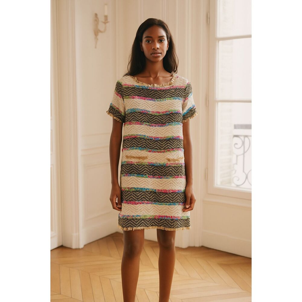 Judith March Multicolor Chevron Fringe Mini Dress Small Metallic Boho Tweed